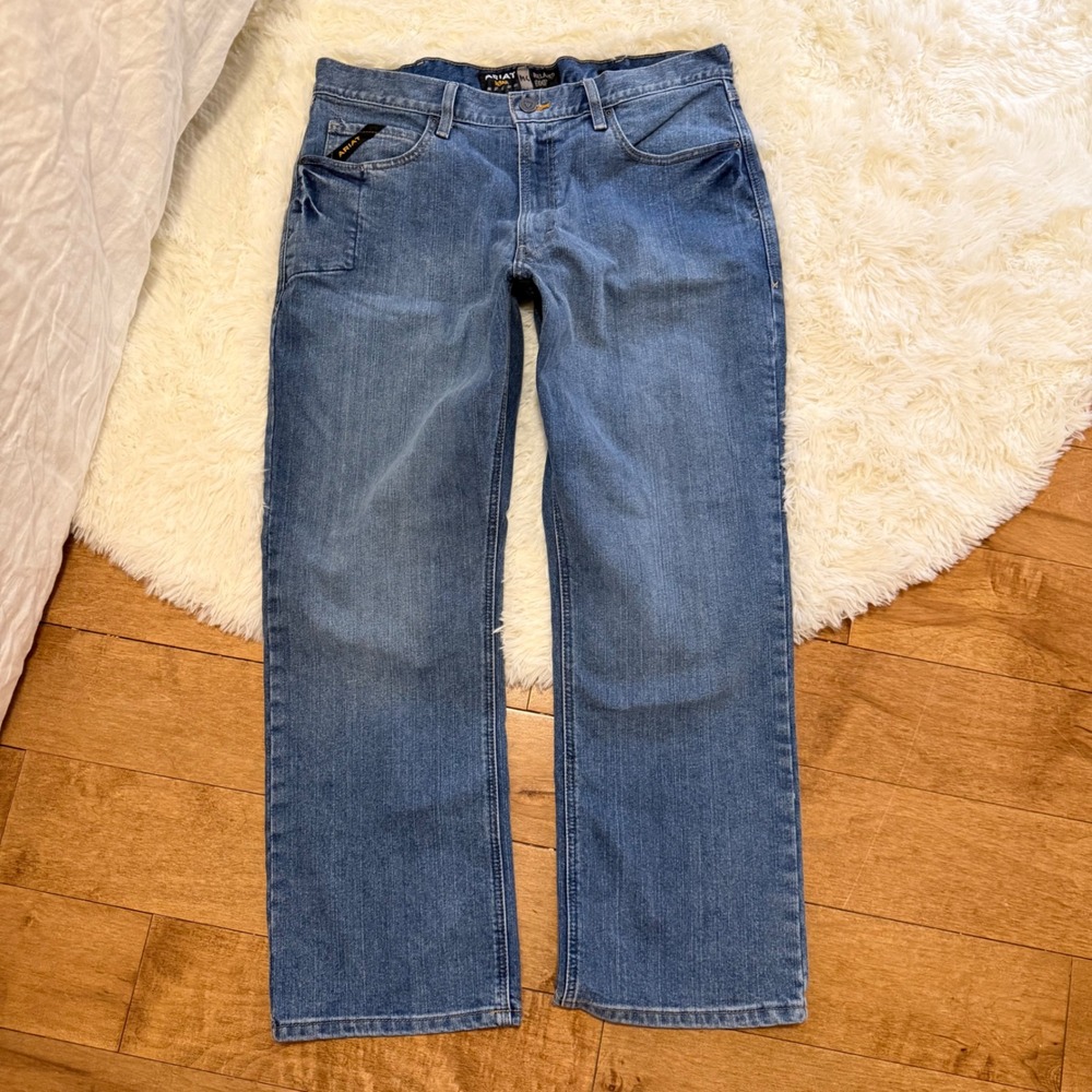 Mens Ariat Rebar M4 Relaxed Boot Cut Jeans Blue Haze Work Denim Size 36x30